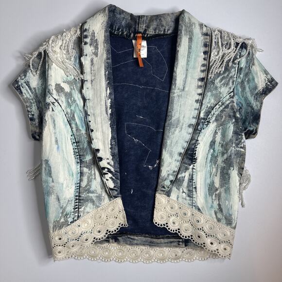 YMI Beaded Pearl Painted Denim Jacket Coquette Western Glam Festival Size S USA - Picture 5 of 13